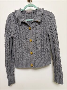 J Crew Gray Cable Knit Cardigan with Gold Button Hardware and Ruffled Collar